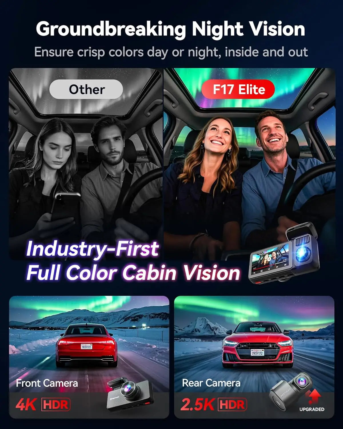 REDTIGER F17 Elite 4K Dash Camera 3 Channel Dash Cam 5.8Ghz Wifi GPS Full Night Color Touch Screen Voice Control Car Cameras HDR