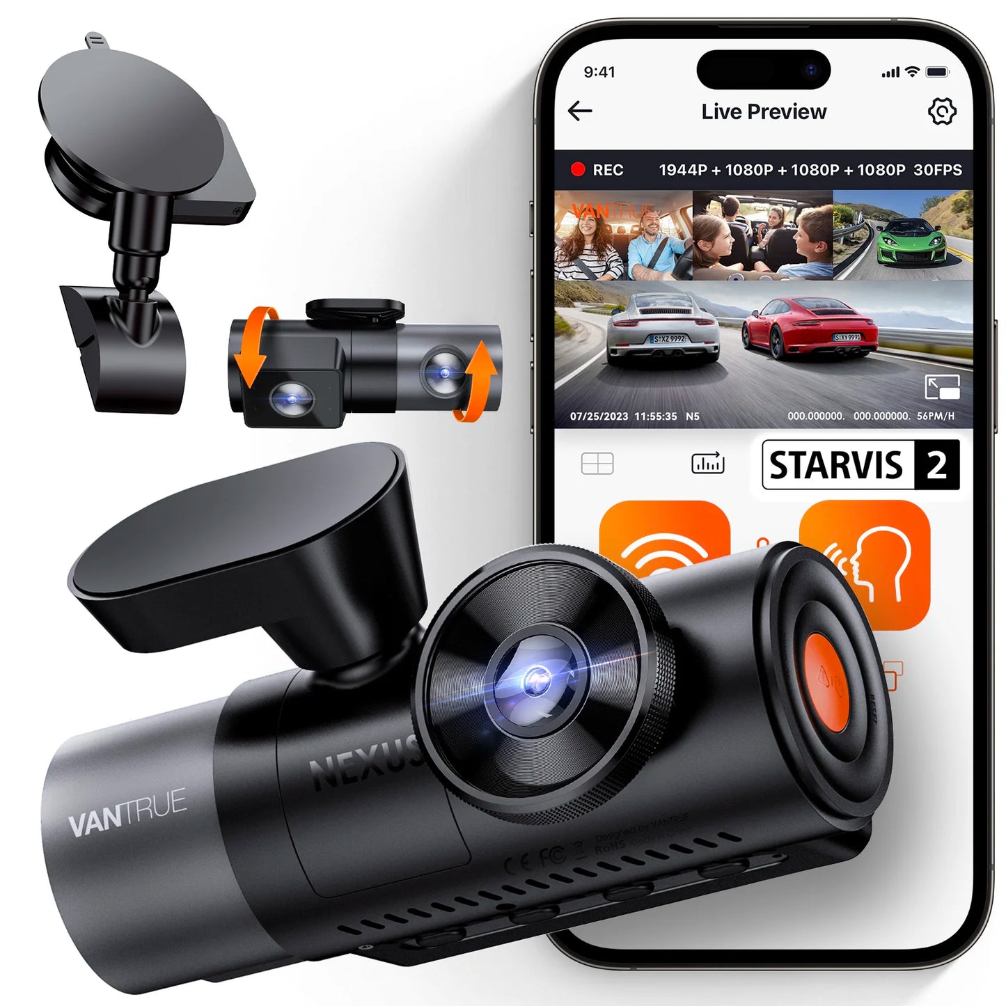 Vantrue N5 DashCam 4 Channel WiFi 360° All Sides 2.7K+1080P*3 GPS Tracking Smart Voice Control Rotatable Camera Car accessories