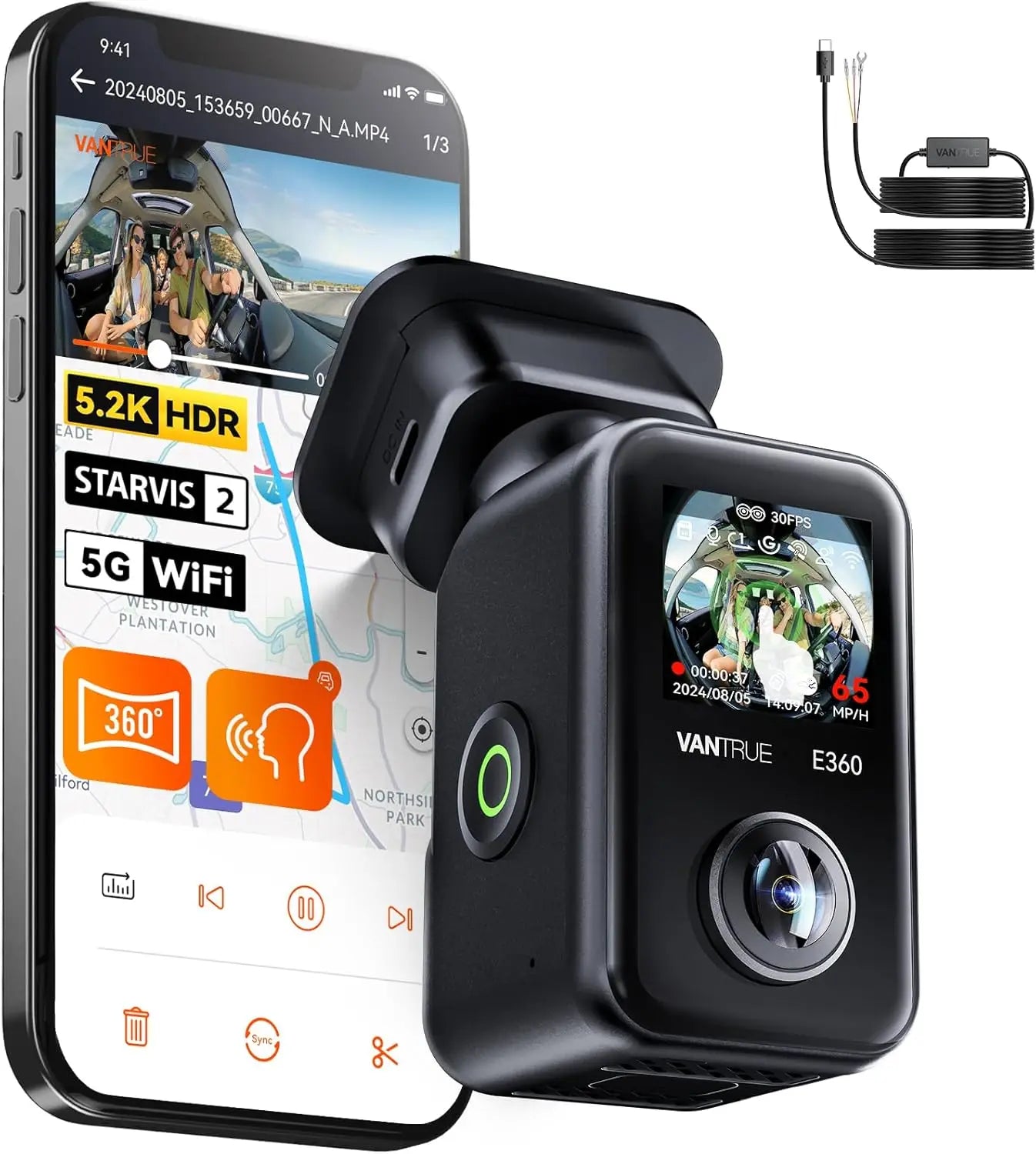 Vantrue E360 Dashcam 360° 5.2K Panoramic 5GHz WiFi&GPS Dual STARVIS 2 IR Night Vision Voice Control Touchscreen Camera for Cars
