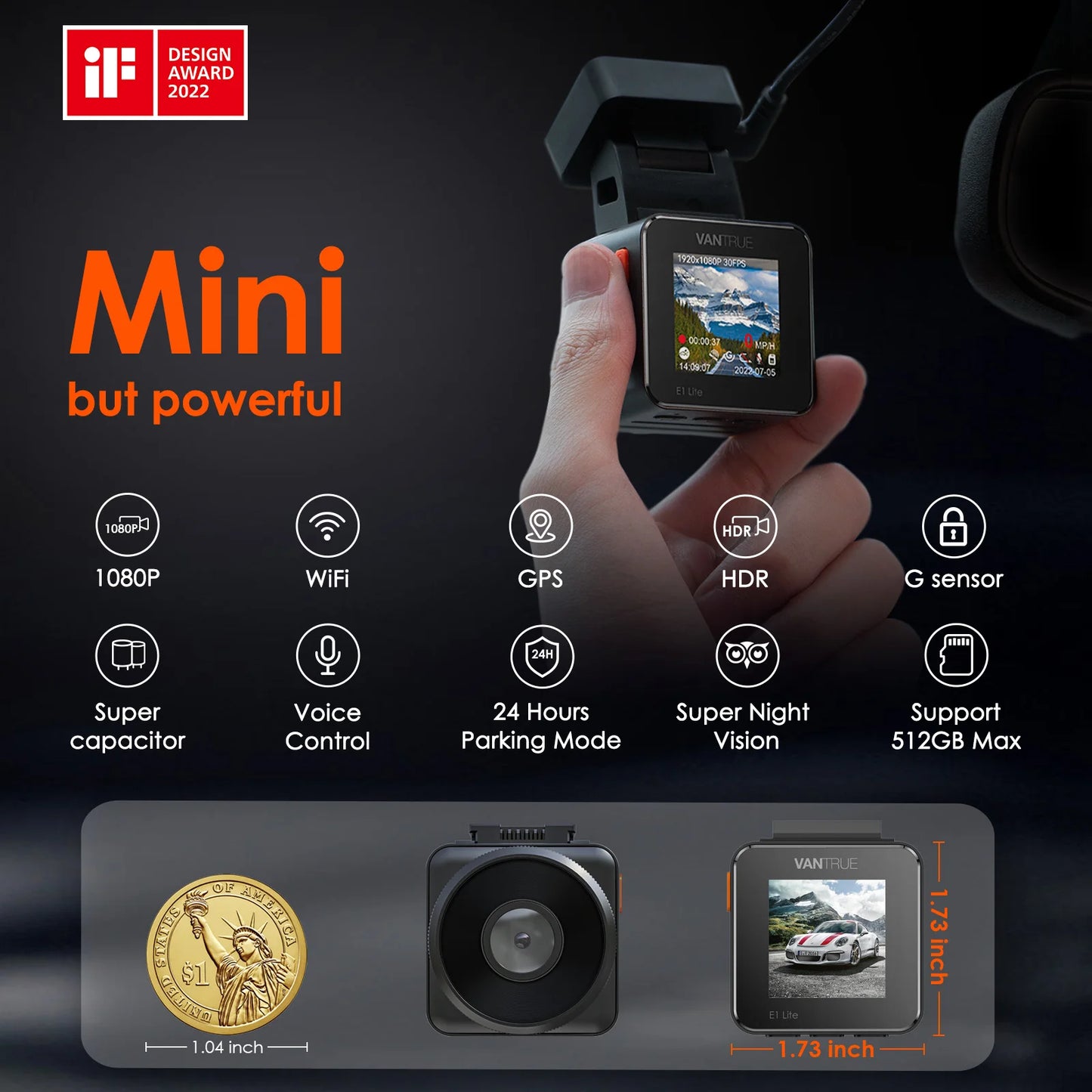 Vantrue E1 Lite Mini Dashcam 1080P WiFi Dash Camera with Free App Voice Control 24H Parking Mode Support 512GB Max