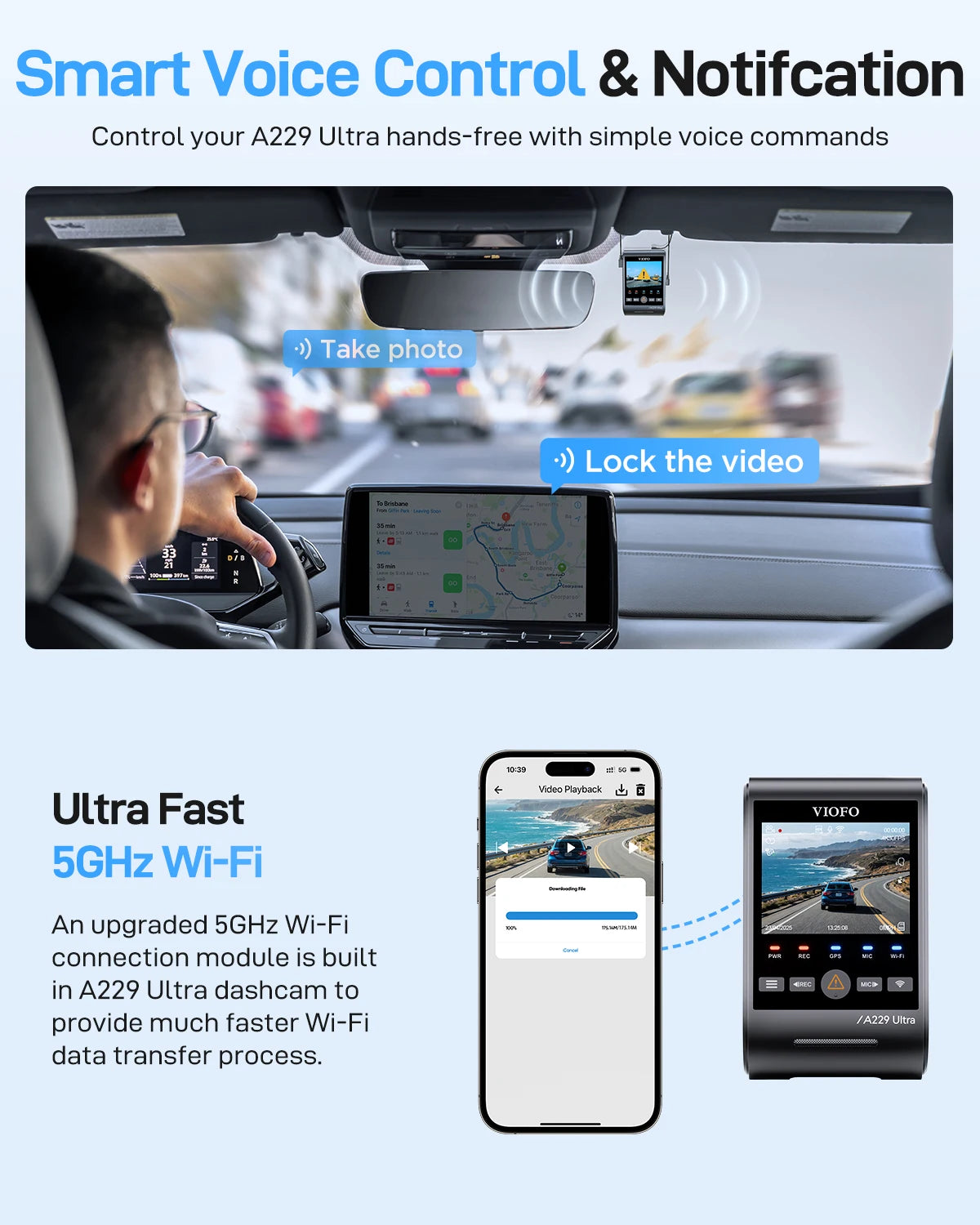 VIOFO A229 Ultra 2CH Dual 4K Dash Cam Front and Rear, Dual STARVIS 2 IMX678 Sensors 4K HDR, Faster 5GHz Wi-Fi GPS, Voice Control