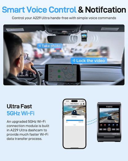 VIOFO A229 Ultra 2CH Dual 4K Dash Cam Front and Rear, Dual STARVIS 2 IMX678 Sensors 4K HDR, Faster 5GHz Wi-Fi GPS, Voice Control