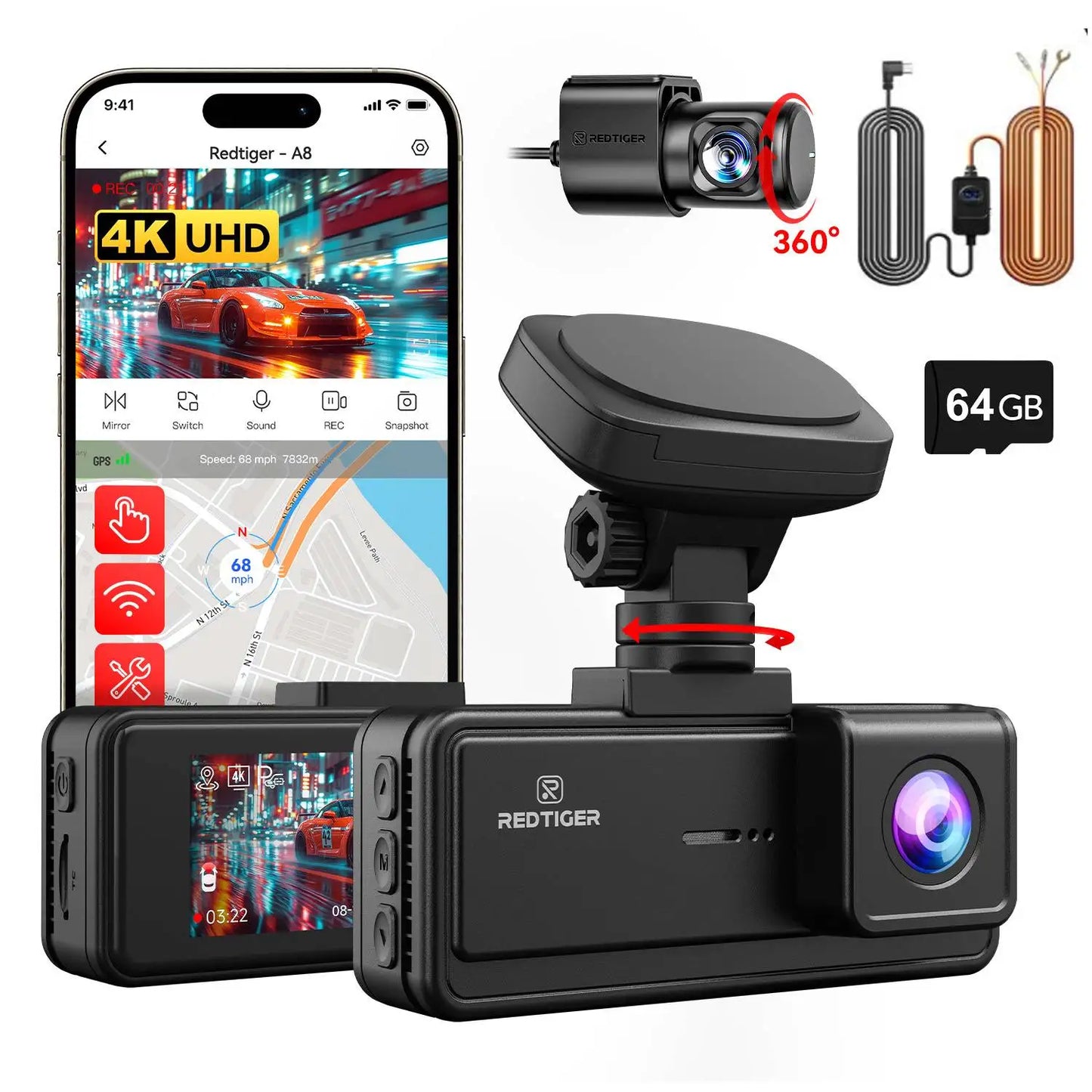 REDTIGER A8 4K+1080P ADAS Dash Cam 3.18" IPS Touch Screen Front And Rear Car Camera Built-in WiFi And GPS Car DVR Night Vision