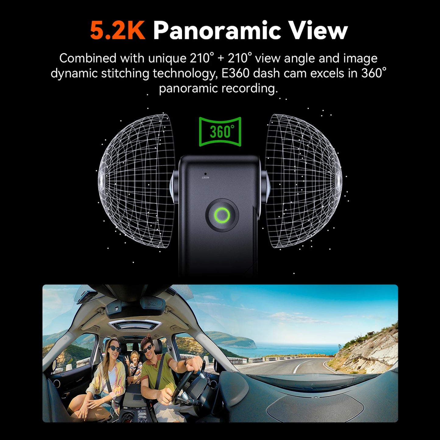 Vantrue E360 Dashcam 360° 5.2K Panoramic 5GHz WiFi&GPS Dual STARVIS 2 IR Night Vision Voice Control Touchscreen Camera for Cars