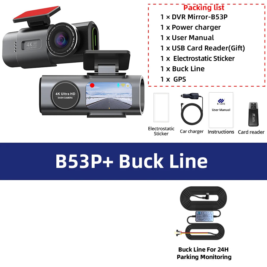 Dash Cam 4K GPS WIFI APP 24H Night Vision Mini Optional Rear Lens Dashcam Car DVR Video Recorder Camera For Car Black Box
