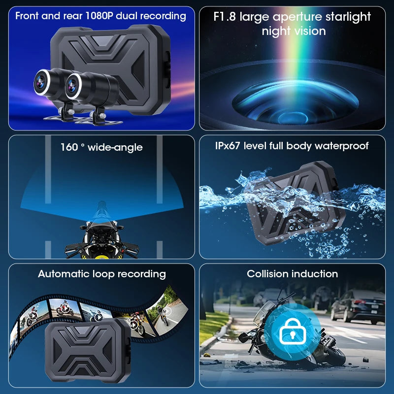 Dual 1080P Motorcycle DVR Full Body Waterproof Moto Camera WiFi Video Moto Dash Cam Front Rear Driving Video Recorder Black Box