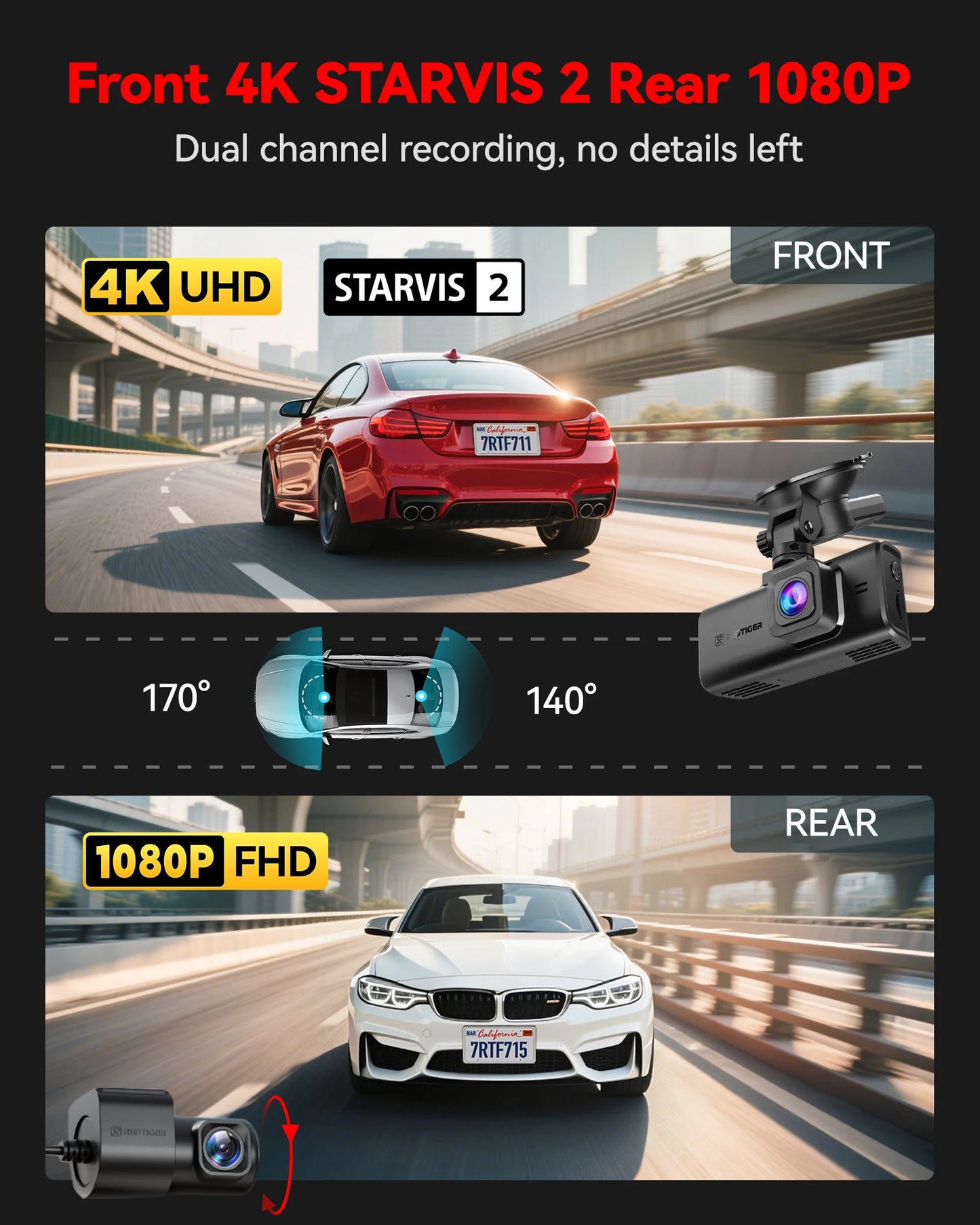 REDTIGER F7N TOUCH 4K Dash Cam Starvis 2 IMX675 5.8Ghz WIFI Car Camera For Night Vision WDR From Front and Rear Dash Camera