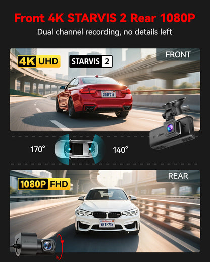 REDTIGER F7N TOUCH 4K Dash Cam Starvis 2 IMX675 5.8Ghz WIFI Car Camera For Night Vision WDR From Front and Rear Dash Camera