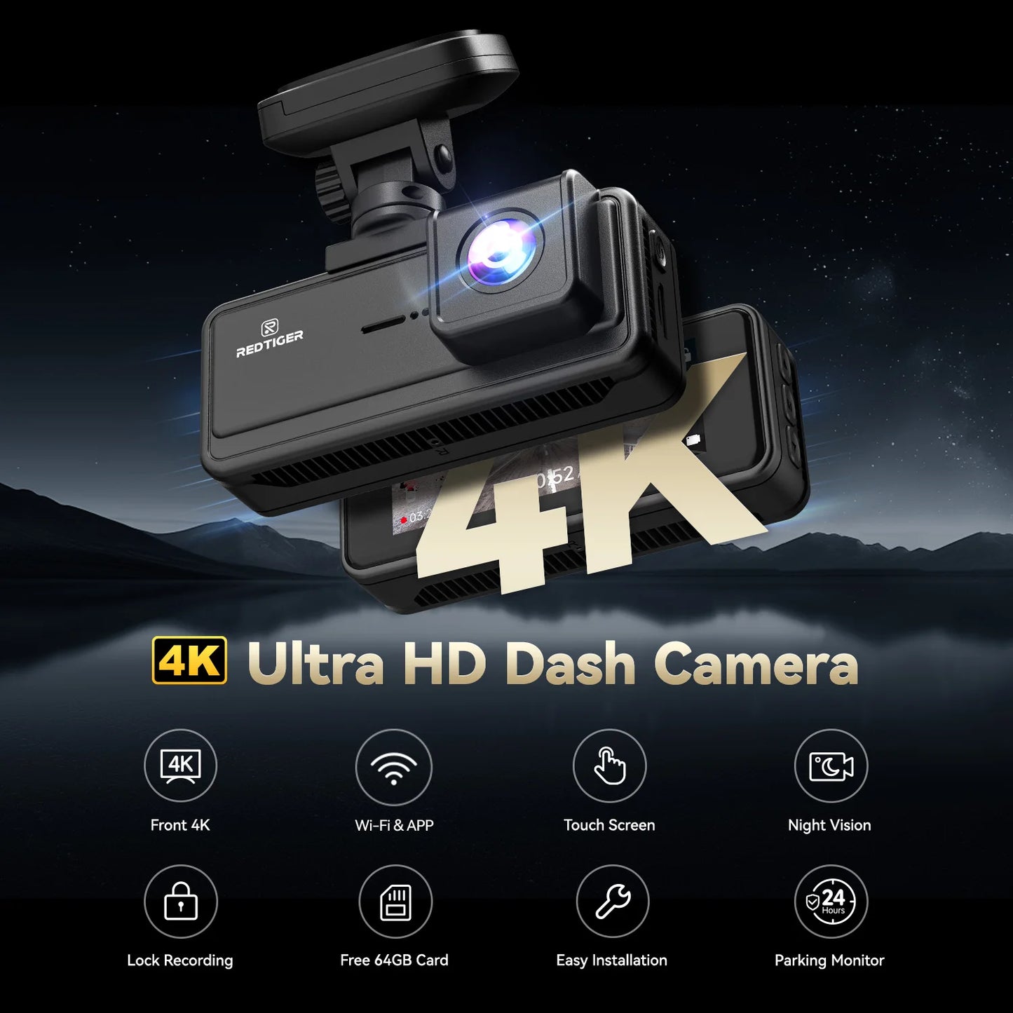 REDTIGER A8 4K+1080P ADAS Dash Cam 3.18" IPS Touch Screen Front And Rear Car Camera Built-in WiFi And GPS Car DVR Night Vision