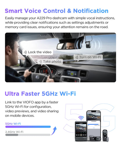 VIOFO A229 PRO 4K HDR Car Camera With SONY STARVIS 2 SENSOR Support Rear and Interior Dash Cam 24H Parking mode 5GHz Wi-Fi