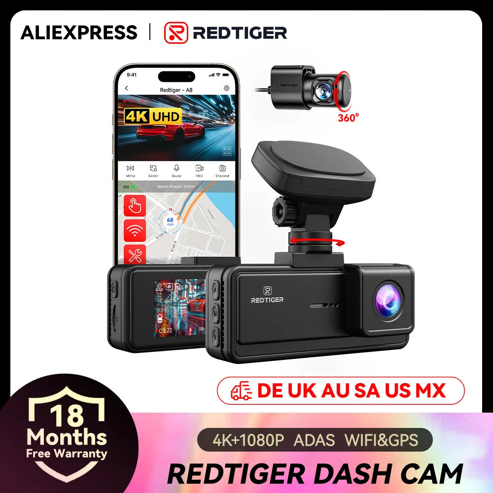 REDTIGER A8 4K+1080P ADAS Dash Cam 3.18" IPS Touch Screen Front And Rear Car Camera Built-in WiFi And GPS Car DVR Night Vision