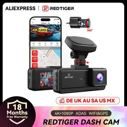 REDTIGER A8 4K+1080P ADAS Dash Cam 3.18" IPS Touch Screen Front And Rear Car Camera Built-in WiFi And GPS Car DVR Night Vision