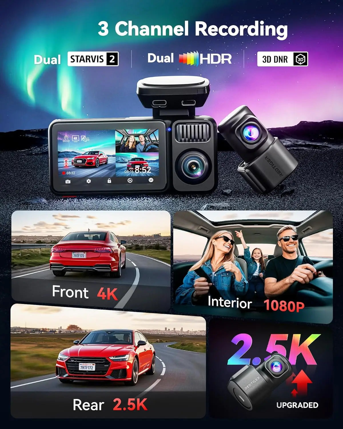 REDTIGER F17 Elite 4K Dash Camera 3 Channel Dash Cam 5.8Ghz Wifi GPS Full Night Color Touch Screen Voice Control Car Cameras HDR