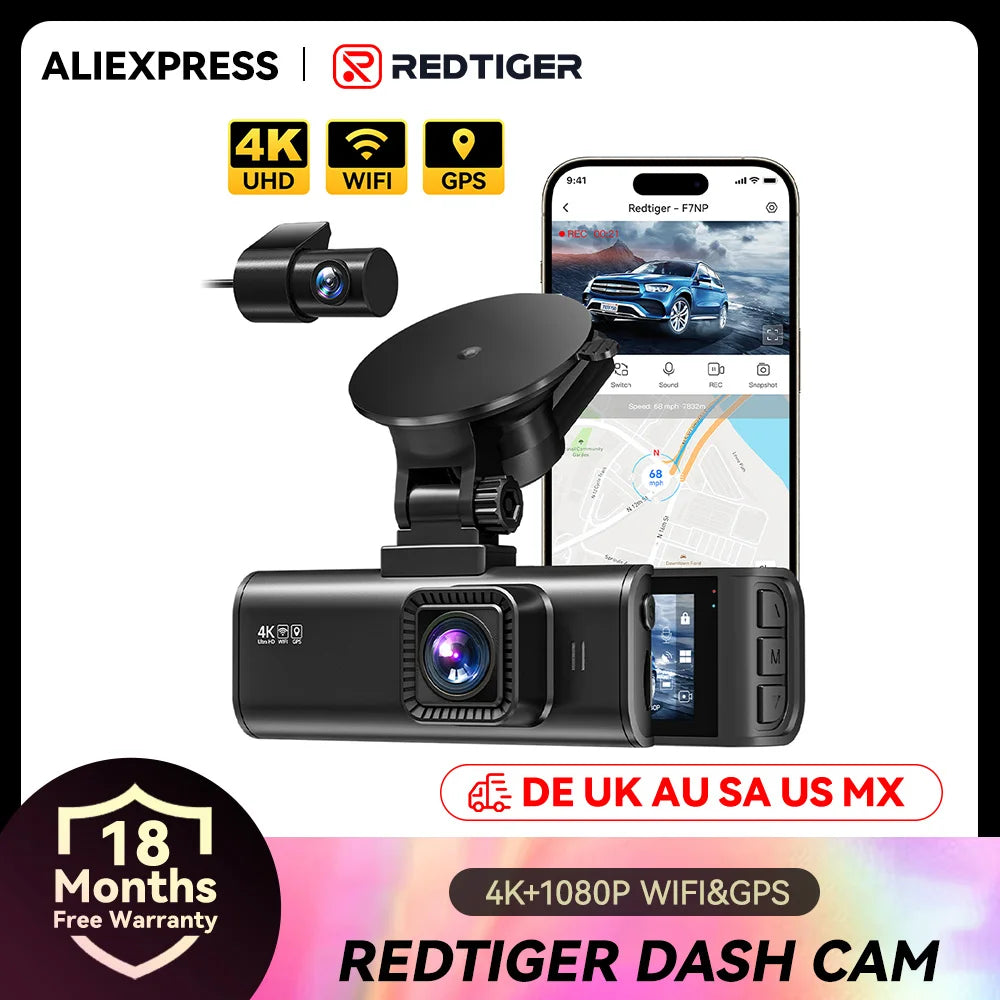 REDTIGER F7NP 4K+1080P Dash Camera for Cars 3.18” IPS Screen Built-in WiFi GPS Mini Dash Cam Recorder Dvr for 24H Parking Mode