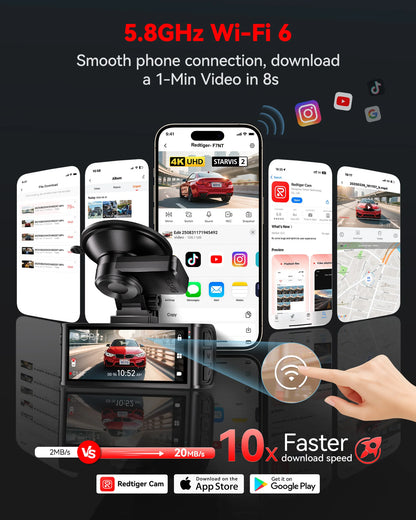 REDTIGER F7N TOUCH 4K Dash Cam Starvis 2 IMX675 5.8Ghz WIFI Car Camera For Night Vision WDR From Front and Rear Dash Camera