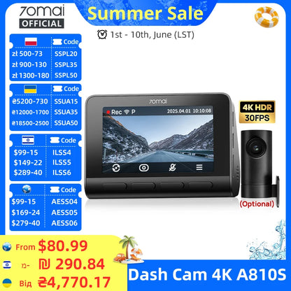 70mai Dash Cam 4K A810S HDR IMX678 Supercapacitor 4G LTE Remote Control Wi-Fi 6 Voice Control GPS ADAS Car Camera 70mai A810S