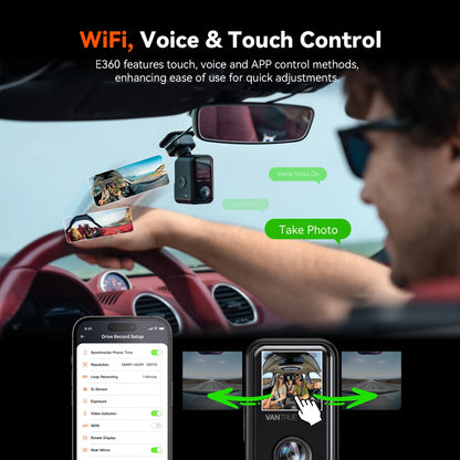 Vantrue E360 Dashcam 360° 5.2K Panoramic 5GHz WiFi&GPS Dual STARVIS 2 IR Night Vision Voice Control Touchscreen Camera for Cars