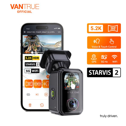 Vantrue E360 Dashcam 360° 5.2K Panoramic 5GHz WiFi&GPS Dual STARVIS 2 IR Night Vision Voice Control Touchscreen Camera for Cars