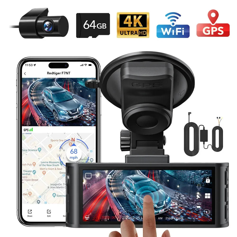REDTIGER F7N TOUCH 4K Dash Cam Starvis 2 IMX675 5.8Ghz WIFI Car Camera For Night Vision WDR From Front and Rear Dash Camera
