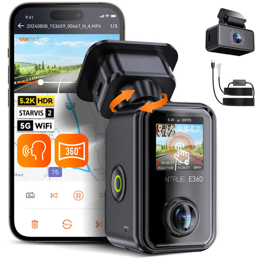 Vantrue E360 Dashcam 360° 5.2K Panoramic 5GHz WiFi&GPS Dual STARVIS 2 IR Night Vision Voice Control Touchscreen Camera for Cars