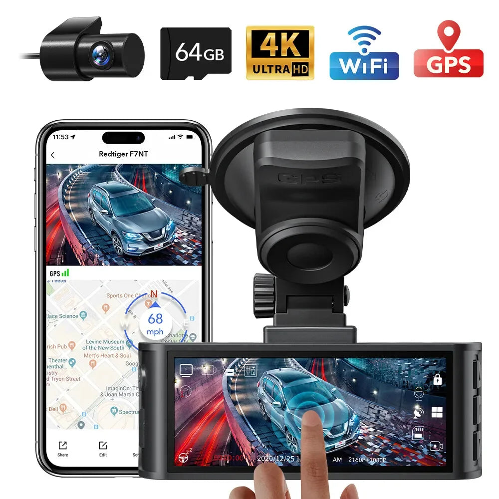 REDTIGER F7N TOUCH 4K Dash Cam Starvis 2 IMX675 5.8Ghz WIFI Car Camera For Night Vision WDR From Front and Rear Dash Camera