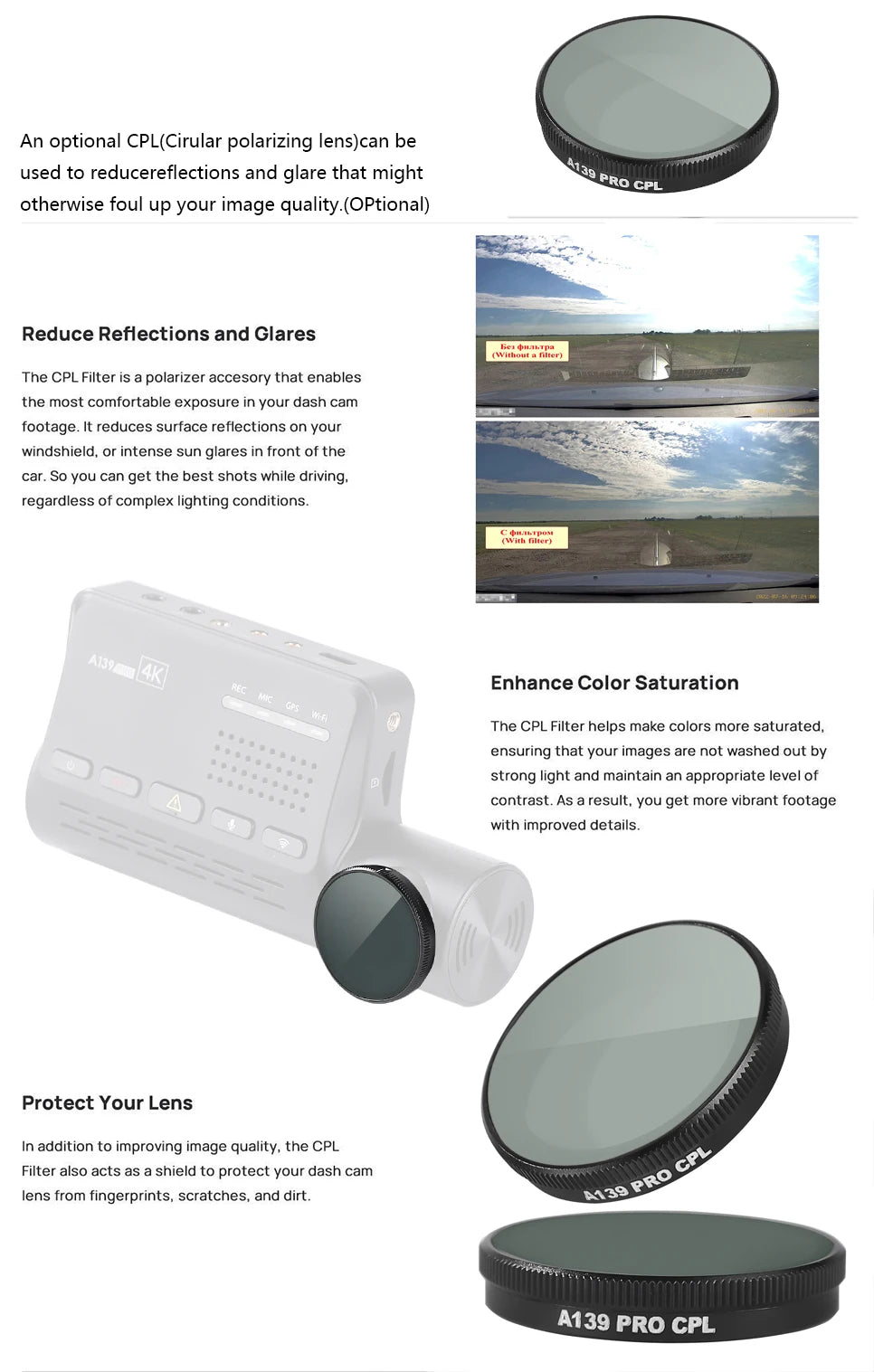 For VIOFO CPL-200 Filter Lens Circular Polarizing Filters Lens Cover for A139 / T130 / A229PRO / A229PLUS / WM1 Car Dash Camera