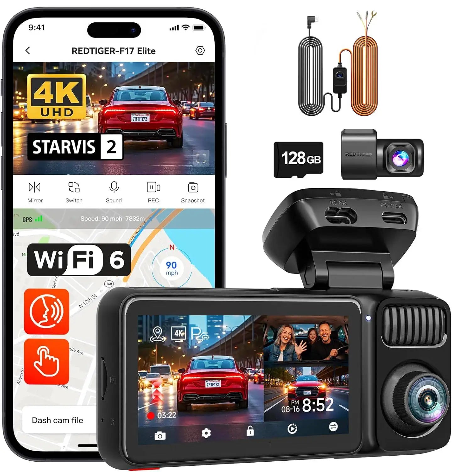 REDTIGER F17 Elite 4K Dash Camera 3 Channel Dash Cam 5.8Ghz Wifi GPS Full Night Color Touch Screen Voice Control Car Cameras HDR