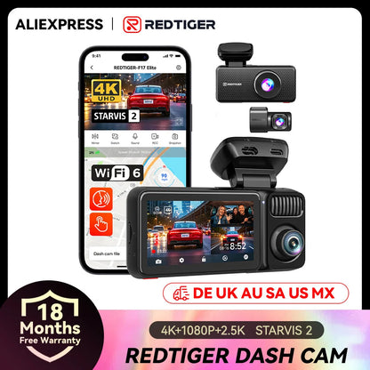 REDTIGER F17 Elite 4K Dash Camera 3 Channel Dash Cam 5.8Ghz Wifi GPS Full Night Color Touch Screen Voice Control Car Cameras HDR