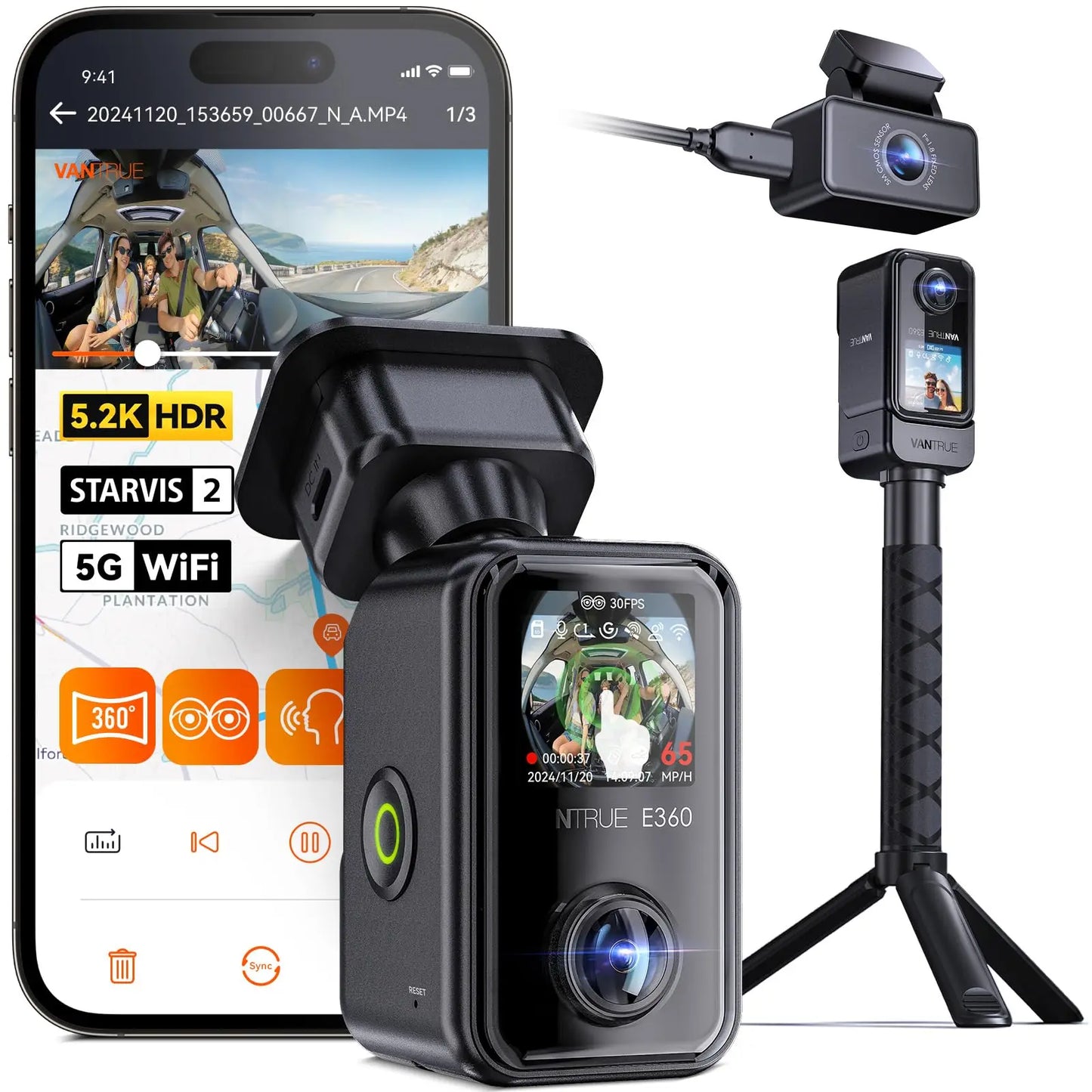 Vantrue E360 Dashcam 360° 5.2K Panoramic 5GHz WiFi&GPS Dual STARVIS 2 IR Night Vision Voice Control Touchscreen Camera for Cars