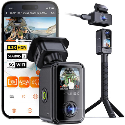 Vantrue E360 Dashcam 360° 5.2K Panoramic 5GHz WiFi&GPS Dual STARVIS 2 IR Night Vision Voice Control Touchscreen Camera for Cars