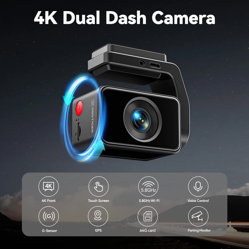 REDTIGER A4 Dash Camera Front and Rear 4k Dash Cam Drive Recorder for WiFi GPS Car Dvr for 24H Parking Mode Black Box for Car