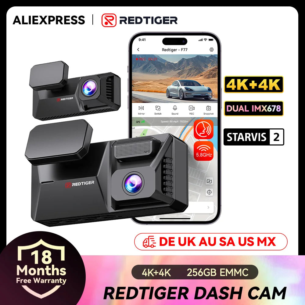 REDTIGER F77 Dashcam Front and Rear 4K+4K Dash Cam Dual Car Camera STARVIS 2 Night Vision Voice Control Built-in 5.8Ghz WiFi GPS