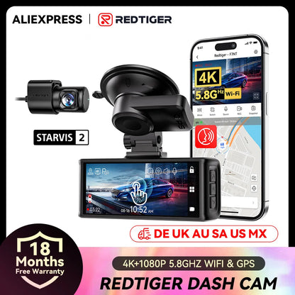 REDTIGER F7N TOUCH 4K Dash Cam Starvis 2 IMX675 5.8Ghz WIFI Car Camera For Night Vision WDR From Front and Rear Dash Camera