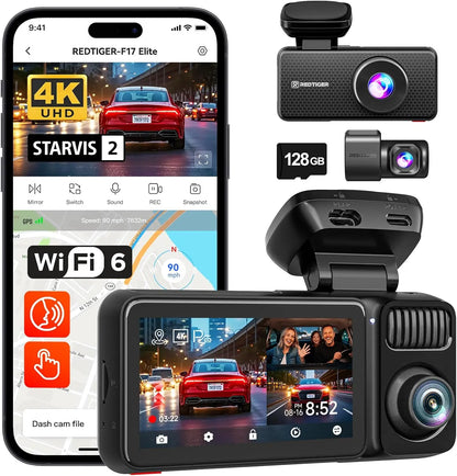 REDTIGER F17 Elite 4K Dash Camera 3 Channel Dash Cam 5.8Ghz Wifi GPS Full Night Color Touch Screen Voice Control Car Cameras HDR