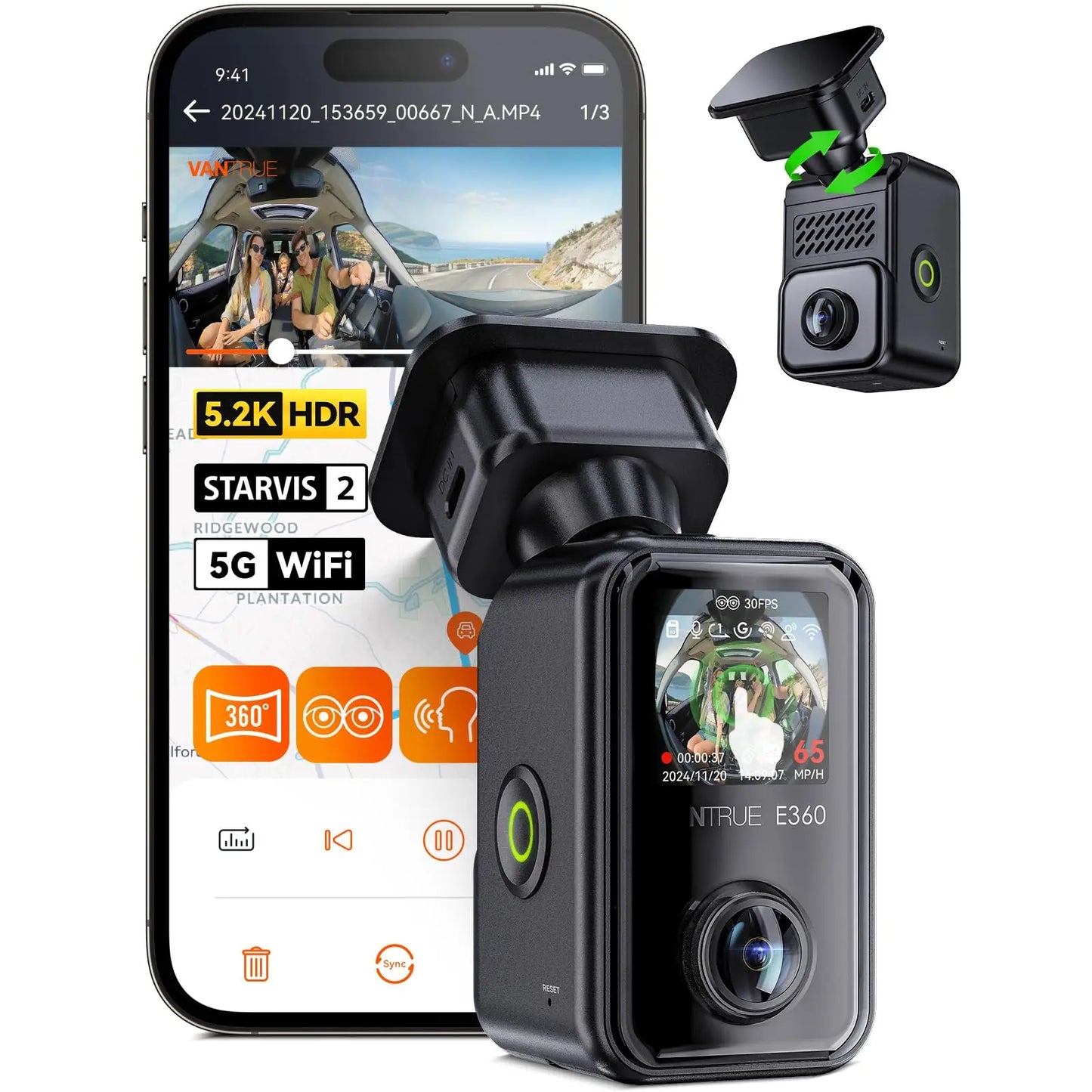 Vantrue E360 Dashcam 360° 5.2K Panoramic 5GHz WiFi&GPS Dual STARVIS 2 IR Night Vision Voice Control Touchscreen Camera for Cars
