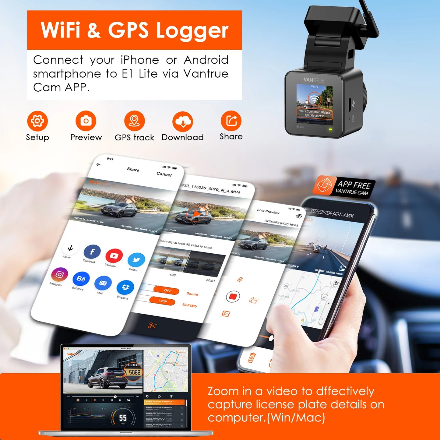 Vantrue E1 Lite Mini Dashcam 1080P WiFi Dash Camera with Free App Voice Control 24H Parking Mode Support 512GB Max