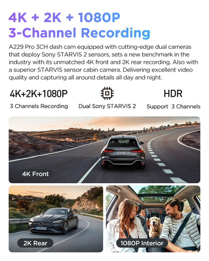 VIOFO A229 PRO 4K HDR Car Camera With SONY STARVIS 2 SENSOR Support Rear and Interior Dash Cam 24H Parking mode 5GHz Wi-Fi