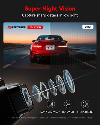 REDTIGER F7N TOUCH 4K Dash Cam Starvis 2 IMX675 5.8Ghz WIFI Car Camera For Night Vision WDR From Front and Rear Dash Camera