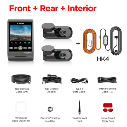 VIOFO A229 PRO 4K HDR Car Camera With SONY STARVIS 2 SENSOR Support Rear and Interior Dash Cam 24H Parking mode 5GHz Wi-Fi
